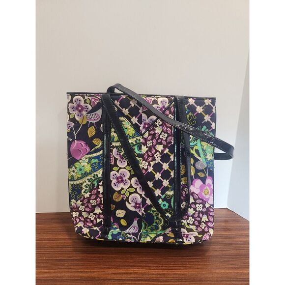 RETIRED VERA BRADLEY TALL TOTE FLORAL NIGHTINGALE PURPLE BLACK FLORAL PURSE‎ - Picture 1 of 6